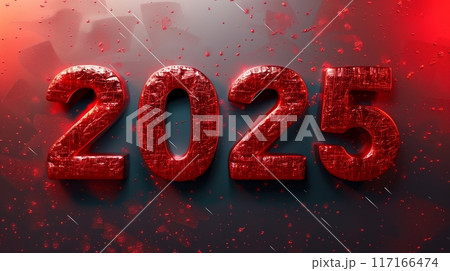 The number 2025 on an abstract red background. The number 2025 on an abstract red background. 117166474