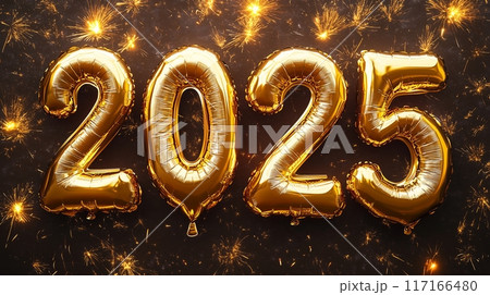 Golden foil balloons in the shape of numbers 2025 on black background with reflection. Golden foil balloons in the shape of numbers 2025 on black background with reflection. 117166480