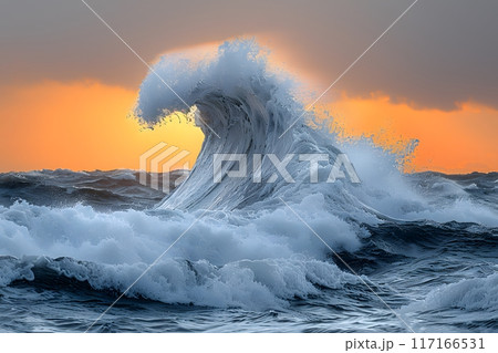 Majestic Ocean Wave at Sunset - Dramatic Seascape for Design and Prints Generative AI 117166531