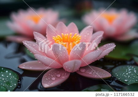 Serenity of Pink Water lilies with Dewdrops in a Tranquil Pond Generative AI 117166532