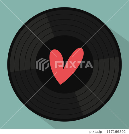 Vinyl record disk with heart. Retro vintage emblem of music lover in flat design. Vector illustration 117166892