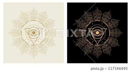 Magic sacred eye symbol in triangle. All seeing eye. Tarot, mystery, astrology, esoteric symbolism. 117166895