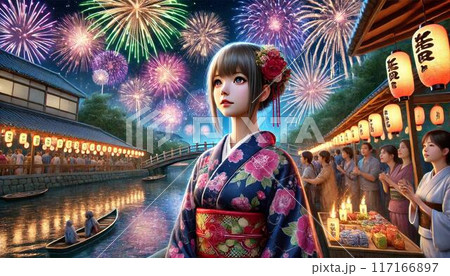 花火大会と浴衣を着た女の子 117166897