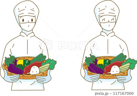 たくさんの野菜を持つ食品加工スタッフ 117167000