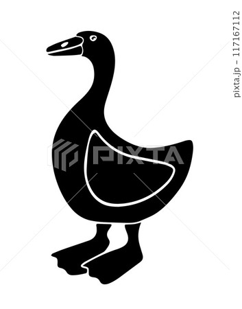 Vector isolated illustration of domestic fowl goose. Black and white silhouette of a goose. Vector isolated illustration of domestic fowl goose. Black and white silhouette of a goose. 117167112