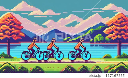 グループでサイクリングを楽しんでいる人のドット絵 117167235