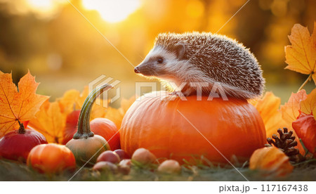Cute hedgehog sitting on a pumpkin among autumn harvest and colorful leaves. Fall season conceptual background 117167438