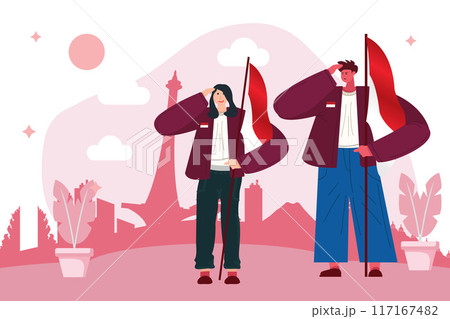 Man and Woman Saluting with Red and White Flag and Indonesia City Background 117167482