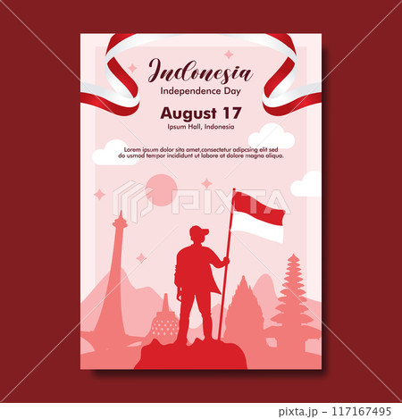 Flat Indonesia Independence Day Vertical Poster with Silhouette Holding Flag Flat Indonesia Independence Day Vertical Poster with Silhouette Holding Flag 117167495