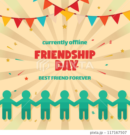 Paper Human Figures with Flags and Star on Colorful Banner Background - Friendship Day Celebration	 117167507