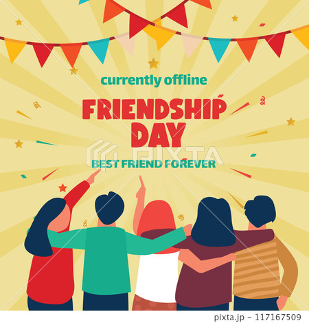 Happy friendship day card of friend group on yellow background and flags. Flat design. Vector illustration	 117167509