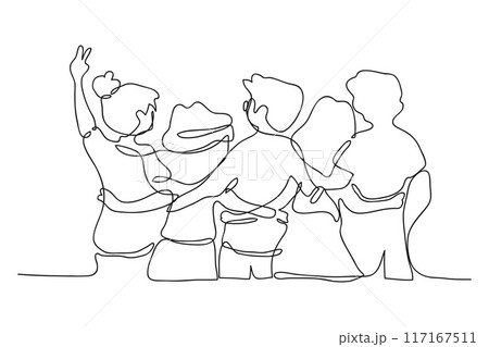 Single continuous line drawing about group of men and woman from multi ethnic standing and hugging together to show their unity bonding. Friendship 117167511