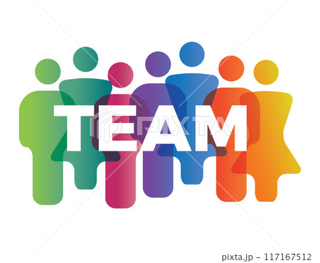 Team concept image template made from man and woman people icons with white team text. Vector illustration 117167512