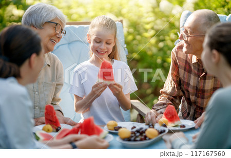 family spending time together in summer morning 117167560