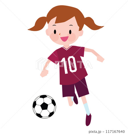 赤紫のユニフォームを着てサッカーを蹴る女の子 117167640