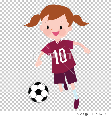 赤紫のユニフォームを着てサッカーを蹴る女の子 117167640