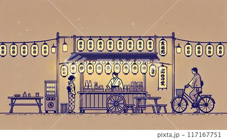 シンプルな夜祭りの屋台イラスト | 日本の伝統的なお祭り風景 117167751