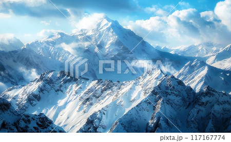 Image of majestic mountain peaks covered with snow-white snow 117167774