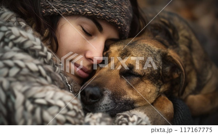 Image of a dog hugging or caressing its owner 117167775