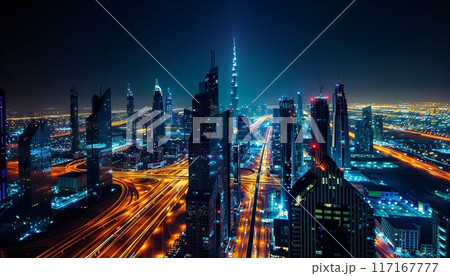 Night cityscape with thousands of illuminated windows, streets and highways 117167777