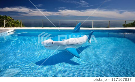プールに浮かぶサメの浮き輪 117167837
