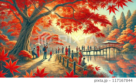 紅葉狩りの風景イラスト | 秋の彩り 117167844