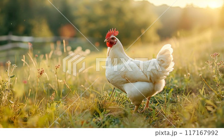 Photo of a white hen grazing freely in a summer garden 117167992