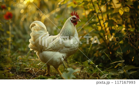 Photo of a white hen free-ranging in a summer garden 117167993