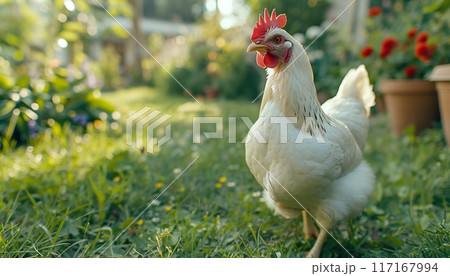 Image of a white hen grazing freely in a summer garden 117167994