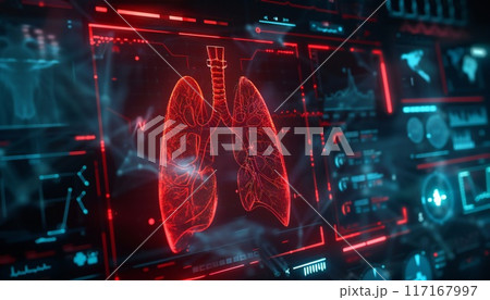 Advanced medical AI lung interface displaying various health parameters 117167997