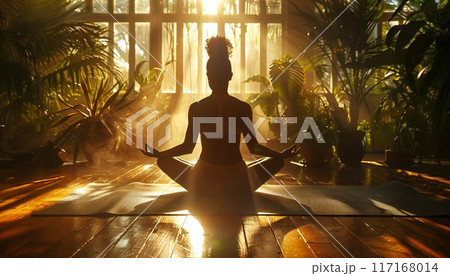 Woman doing yoga in sunny room leading to mental health and self care 117168014