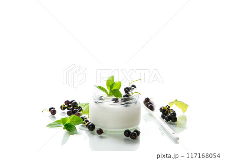 homemade sweet yogurt in a jar with black currants, isolated on a white background homemade sweet yogurt in a jar with black currants, isolated on a white background 117168054