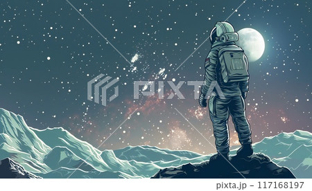 Retro illustration of astronaut, galaxy, planet, moon, space objects for poster, background or cover 117168197