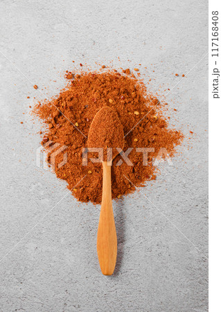 Overahead view of Georgian seasoning - dry adjika on concrete background Overahead view of Georgian seasoning - dry adjika on concrete background 117168408