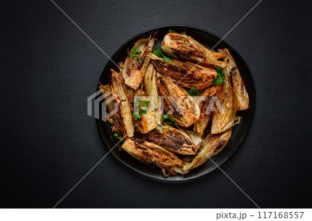 baked, oven-baked fennel, with spices, in olive oil, homemade, no people, 117168557