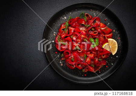 Salmon gravlax with beetroot, Scandinavian snack, beet gravlax, lightly salted fish, homemade, no people, Salmon gravlax with beetroot, Scandinavian snack, beet gravlax, lightly salted fish, homemade, no people, 117168618