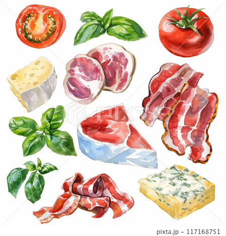 トマト、バジル、チーズ、生ハム、ベーコンの水彩イラスト Generative AI  117168751