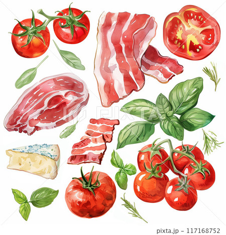 トマト、バジル、チーズ、生ハム、ベーコンの水彩イラスト Generative AI  117168752