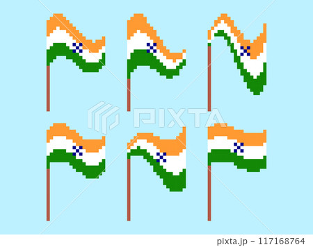 Set of pixel flag icons of India. Waving flag of India in 8-bit retro graphic style of 80s. Pixel art design for banners and posters. Vector illustration Set of pixel flag icons of India. Waving flag of India in 8-bit retro graphic style of 80s. Pixel art design for banners and posters. Vector illustration 117168764