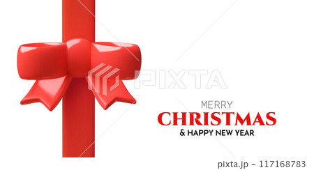 Red ribbon and a bow 3d vector Christmas banner design and minimal holiday background 117168783