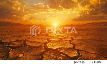 Beautiful sunset casting a golden glow over a cracked, barren, dry landscape. Drought and heat waves 117168860