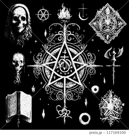 Occult symbols composition in dotwork style. Abstract mystic elements, Skull, leaves and sacred star in retro flat lay composition. 117169100