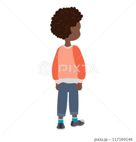 Flat Vector Illustration of Cute African American Kid Boy with Skateboard, Cartoon Character Set For Animation, Various Views, Poses and Gestures. Item 2 117169146