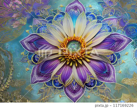 the image of a digitally enhanced photo of a lotus flower with vibrant and surreal colors 117169226