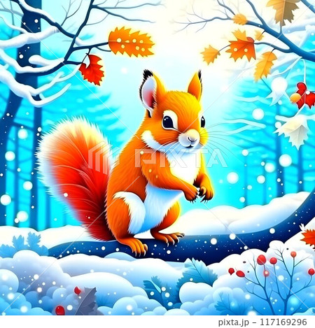 ? squirrel with a tail is sitting on a branch in winter. Generative AI 117169296
