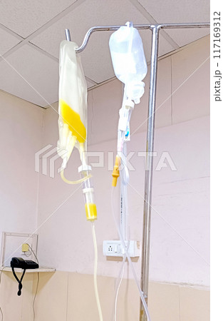 Infusion bags that are being used in hospital wit 117169312