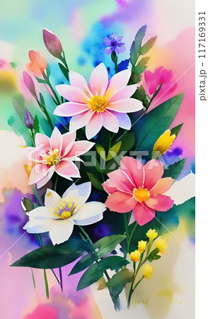 a colorful bouquet, likely consisting of a variety of flowers, which could include a mix of hues and species, arranged together to form a visually pleasing display 117169331