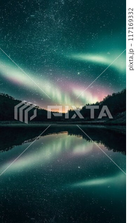 夜空に輝く幻想的なオーロラと流れ星 117169332