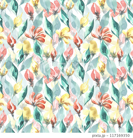 Simple flowers and leaves in the alla prima technique. In coral, yellow and turquoise colors. Watercolor illustration. Seamless pattern on a white background from the HAPPY BIRTHDAY collection Simple flowers and leaves in the alla prima technique. In coral, yellow and turquoise colors. Watercolor illustration. Seamless pattern on a white background from the HAPPY BIRTHDAY collection 117169350