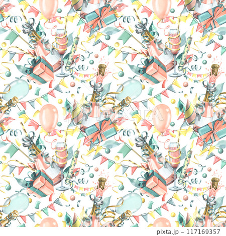 Festive balloons, gifts, champagne in glasses and bottles, confetti and flag garlands. Watercolor illustration hand drawn. Seamless pattern on a white background. Festive balloons, gifts, champagne in glasses and bottles, confetti and flag garlands. Watercolor illustration hand drawn. Seamless pattern on a white background. 117169357